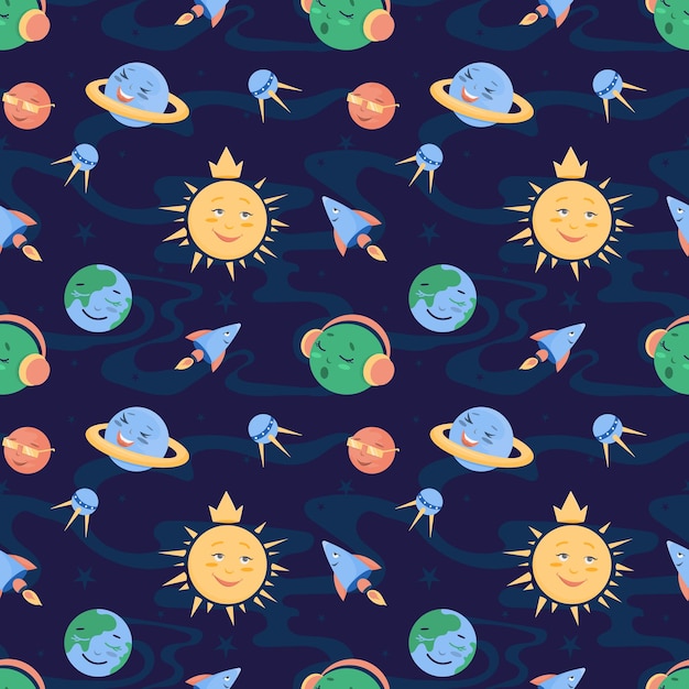 Space seamless pattern with the planets of the solar system. cartoon characters with different emotions.