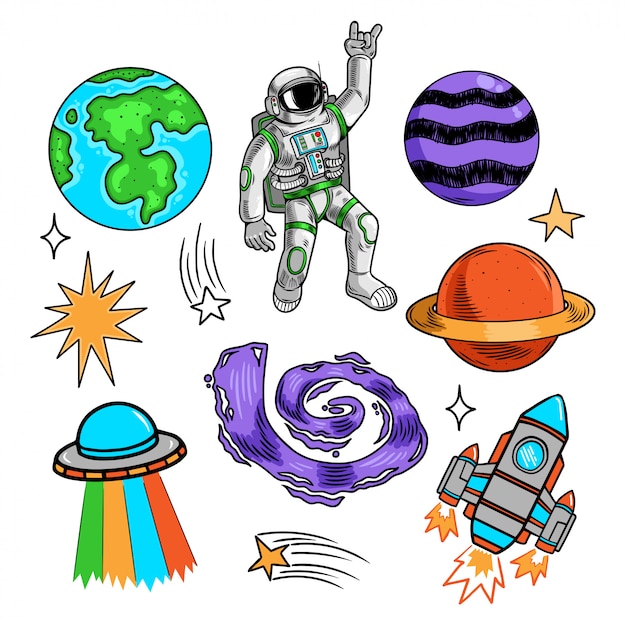 Vetor de Outer space vector objects and writings. Alien, ufo, planets,  comet, satellite, solar system, meteorite, stars, rocket and other space  icons. Cute, simple black outlined, hand drawn galaxy set. do Stock