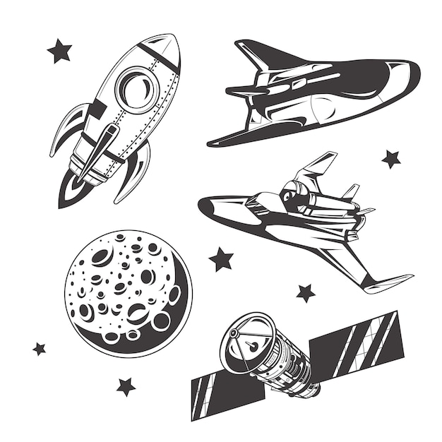 Space set with spaceships rockets stars and planets