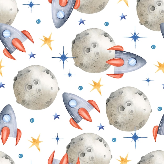 Vector space ship to the moon watercolor seamless pattern