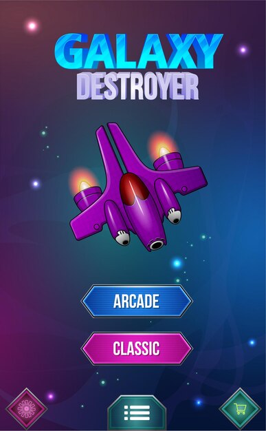 Space shooter game ui menu pop ups