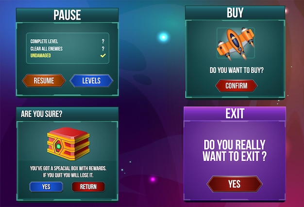 Space shooter game ui menu pop-ups