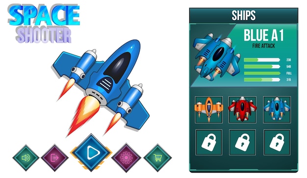 Space shooter game ui menu pop-ups