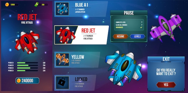 Space shooter Planes fire fighter game ui  with popups screens menus