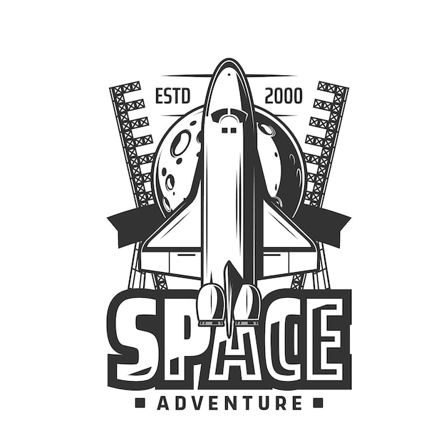 Vector space shuttle icon rocket on start and moon with craters vector emblem spaceship leave earth to explore galaxy cosmos research exploration and investigation mission isolated monochrome label