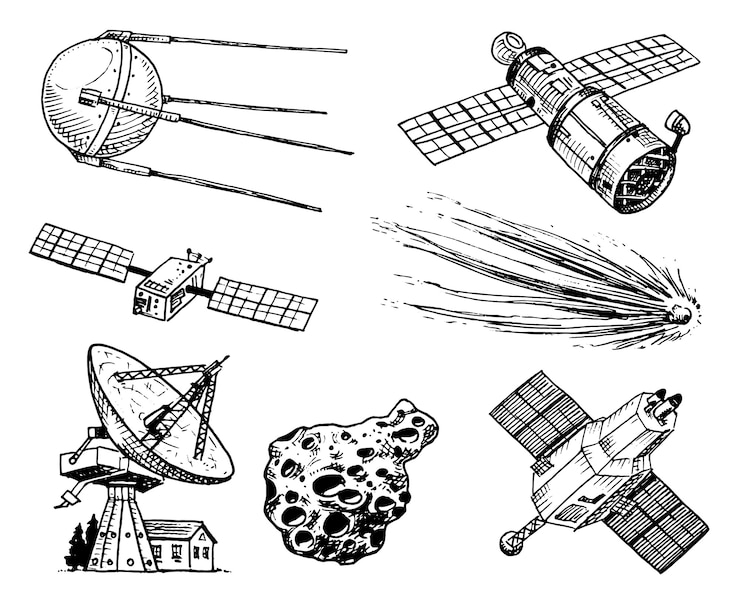 Вектор космический челнок, радиотелескоп и комета, астероид и метеорит, разведка космонавтов.