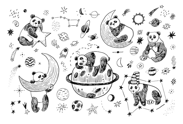 Space sleeping panda vector illustrations set