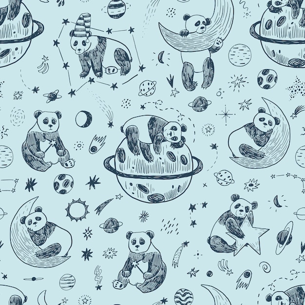 Space sleeping panda vector seamless pattern