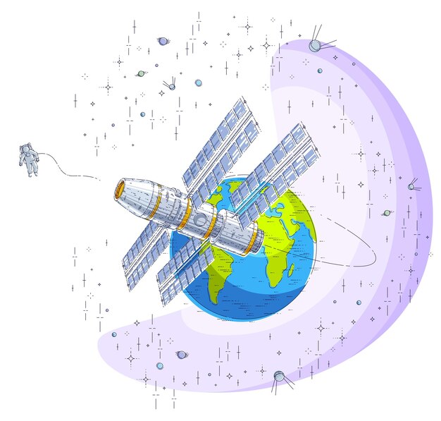 Космическая станция, летящая по орбите вокруг земли, космический корабль с солнечными батареями, искусственный спутник, окруженный звездами и другими элементами. тонкая линия 3d векторные иллюстрации.