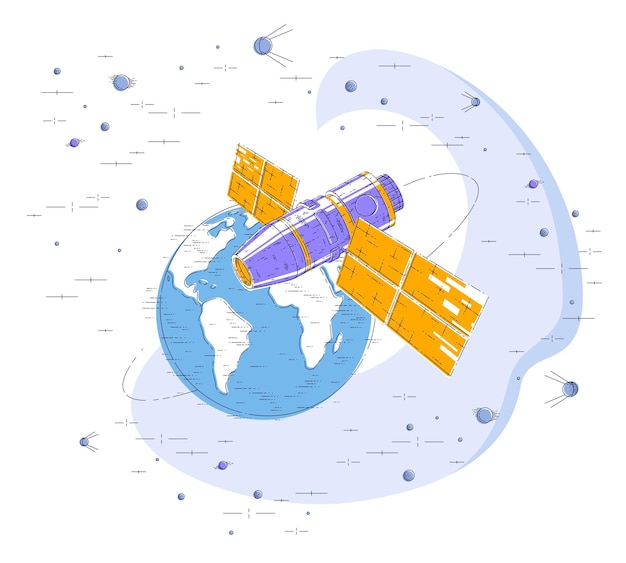 Stazione spaziale che vola in volo orbitale intorno alla terra, astronave spaziale con pannelli solari, satellite artificiale, circondata da stelle e altri elementi. illustrazione di vettore 3d di linea sottile.