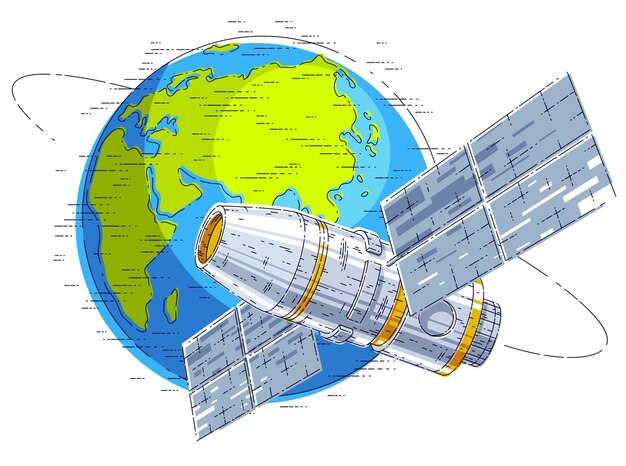 地球の周りを軌道飛行する宇宙ステーション、ソーラーパネルを備えた宇宙船、人工衛星。細い線の 3 d ベクトル イラスト。