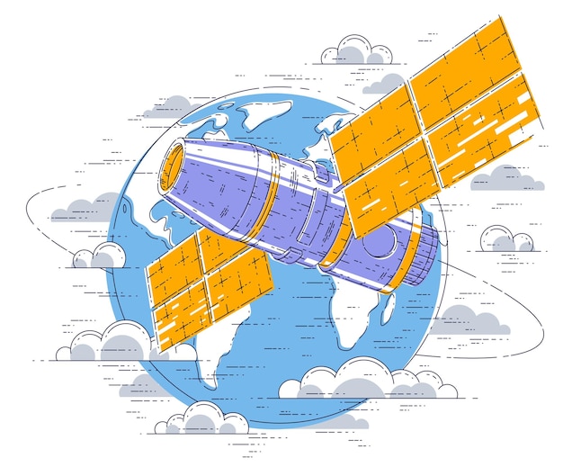 Stazione spaziale che vola un volo spaziale orbitale intorno alla terra, astronave spaziale con pannelli solari, satellite artificiale. illustrazione di vettore 3d di linea sottile.