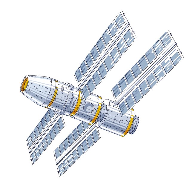 Vettore la stazione spaziale fluttua nell'assenza di gravità nello spazio aperto, il satellite artificiale della navicella spaziale, la scienza e la tecnologia. illustrazione vettoriale 3d a linea sottile isolata su sfondo bianco.