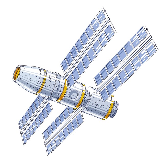 La stazione spaziale fluttua nell'assenza di gravità nello spazio aperto, il satellite artificiale della navicella spaziale, la scienza e la tecnologia. illustrazione vettoriale 3d a linea sottile isolata su sfondo bianco.