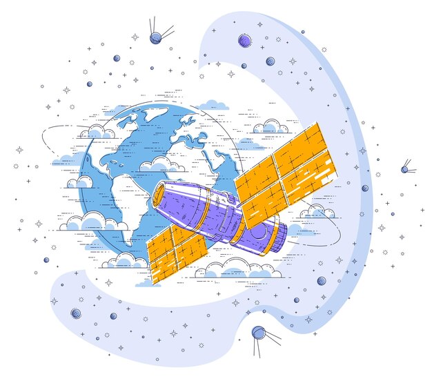 ベクトル 地球の周りを周回する宇宙ステーション、宇宙飛行、宇宙船の宇宙船は、太陽電池パネル、人工衛星を備え、星やその他の要素に囲まれています。細い線の3dベクトル図。