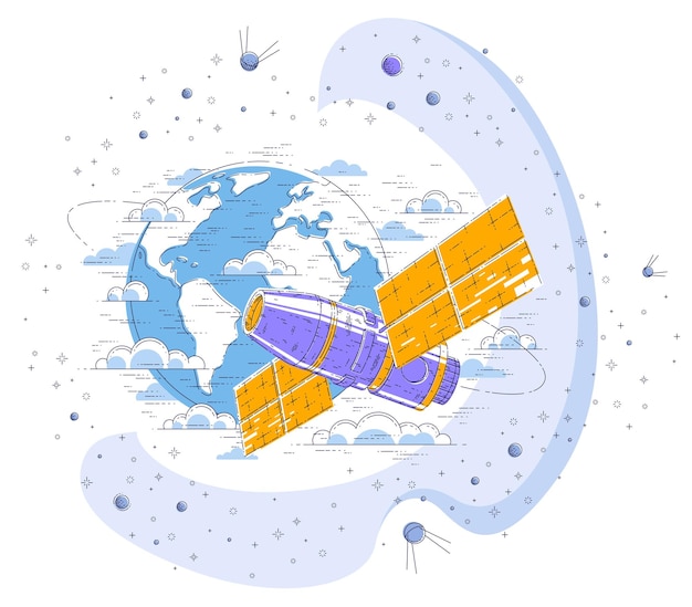 Vettore stazione spaziale in orbita attorno alla terra, volo spaziale, astronave spaziale con pannelli solari, satellite artificiale, circondata da stelle e altri elementi. illustrazione di vettore 3d di linea sottile.