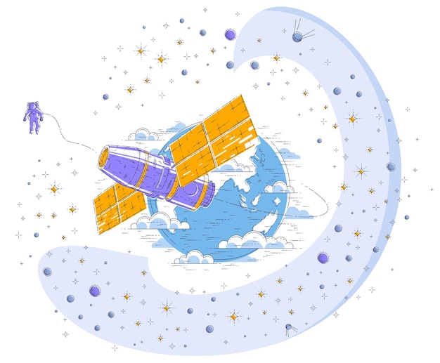 Vector space station orbiting around earth, spaceflight, spacecraft spaceship iss with solar panels, artificial satellite, surrounded by stars and other elements. thin line 3d vector illustration.