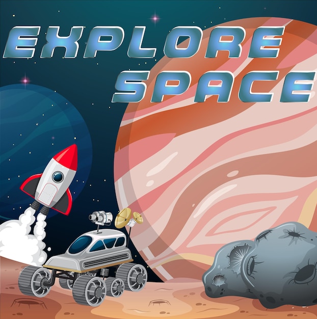 ExploreSpaceのロゴが付いた惑星上の宇宙ステーション
