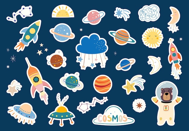 Vector space stickers collection for kids planets moon constellation rocket