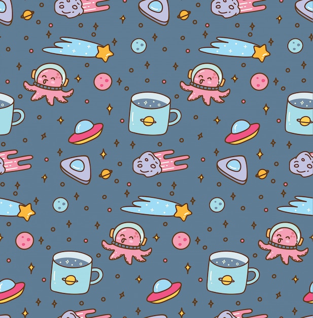 Space theme doodles seamless pattern