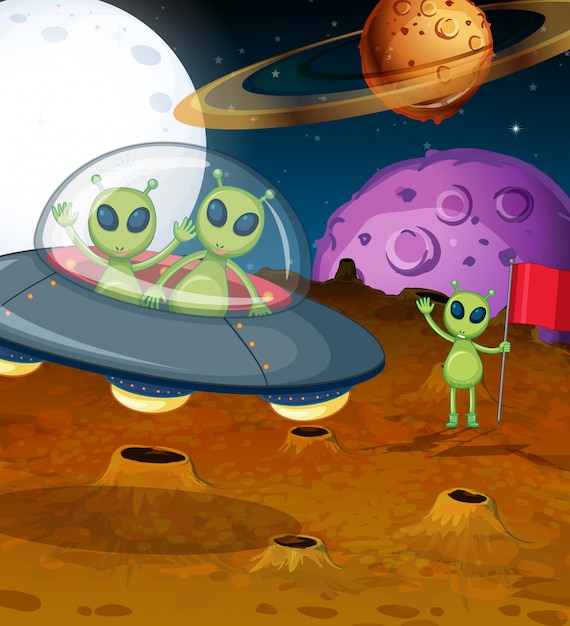 Space theme with aliens in UFO