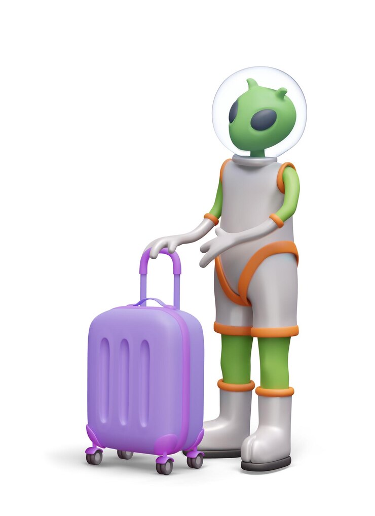 Vector space travel galactic tour super discounts on vacation alien is standing next to suitcase