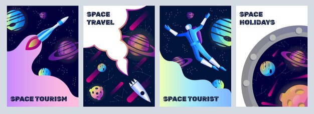 Vector space travel galaxy exploration cosmic tourism spaceships and planets universe posters set astronaut child character planetary current future frame vector cartoon background