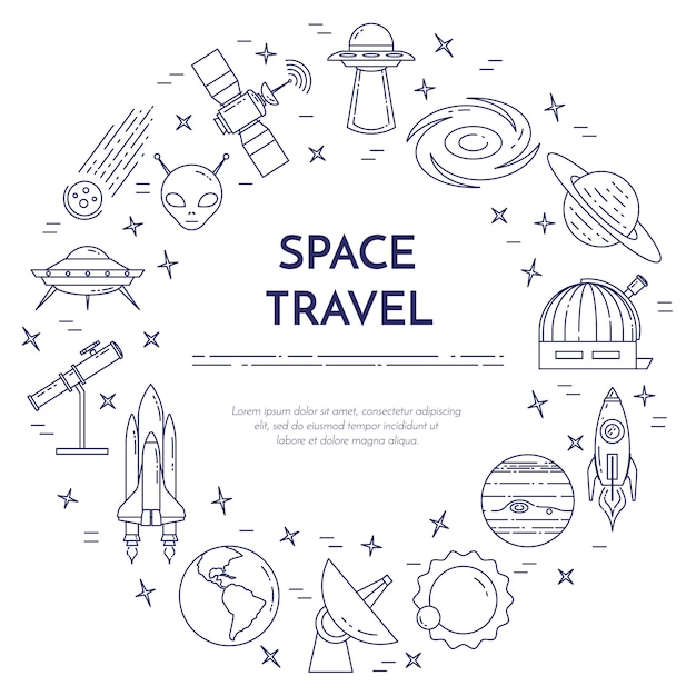 Space travel line banner. set of elements of planets, space ships, ufo, satellite, spyglass and other cosmos pictograms. concept for website, card, infographic, advertise. vector illustration