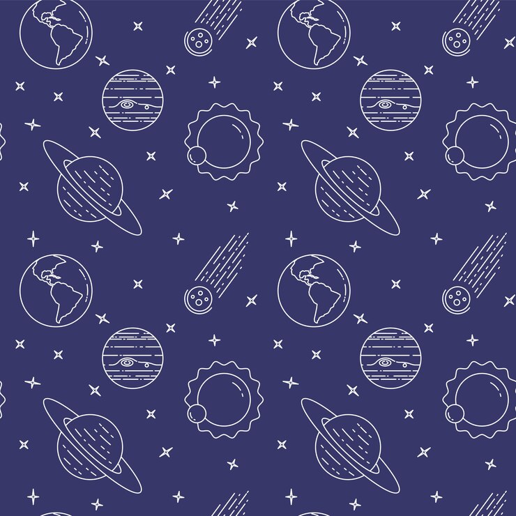 Vector space travel line icons. elements of planets, asteroid, sun, earth. seamless pattern. concept for website, card, infographic, advertise wallpaper wrap website textile vector illustration