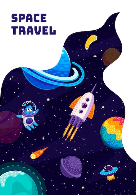 Space travel poster Cartoon flying rocket space ship and alien at starry galaxy Vector background with spaceship or spacecraft travel in Universe explore cosmos with white smoke frame