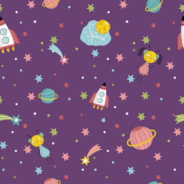 Space travels seamless pattern vector cartoon