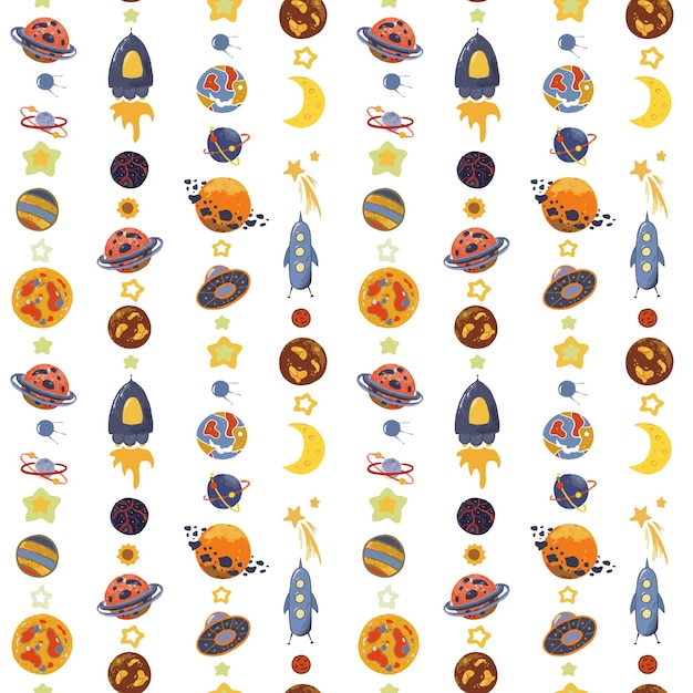 Space vector pattern. Planets, spaceships, stars on a transparent background. Bright seamless image