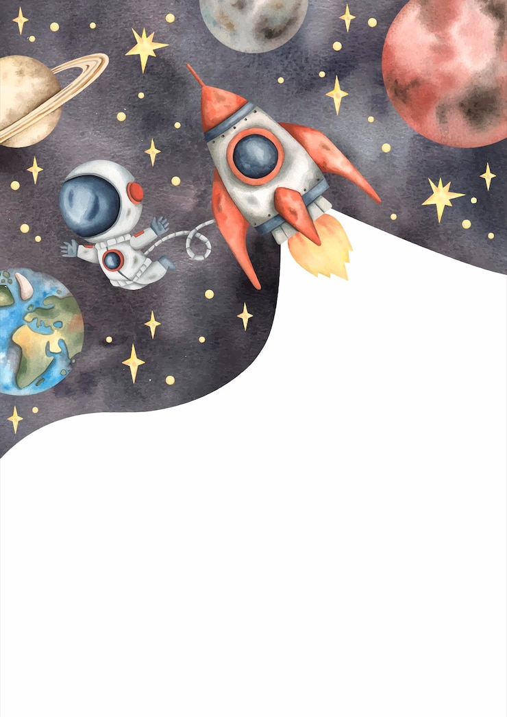Vector space vector watercolor handdrawn frame with little astronaut rocket planets and stars