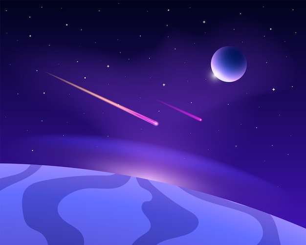 Vector space with planets and comets. starry sky with radiance.