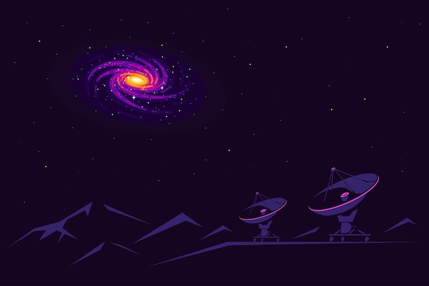 Vector space  with radiotelescope and galaxy view in the sky. space research  banner, exploring outer spase.