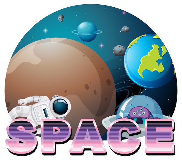 Design del logo della parola spaziale con astronave