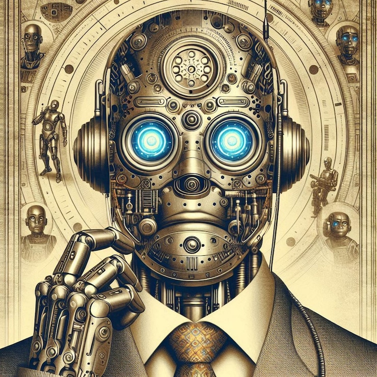 Vector spaceage robot with vintage metallic textures illusration