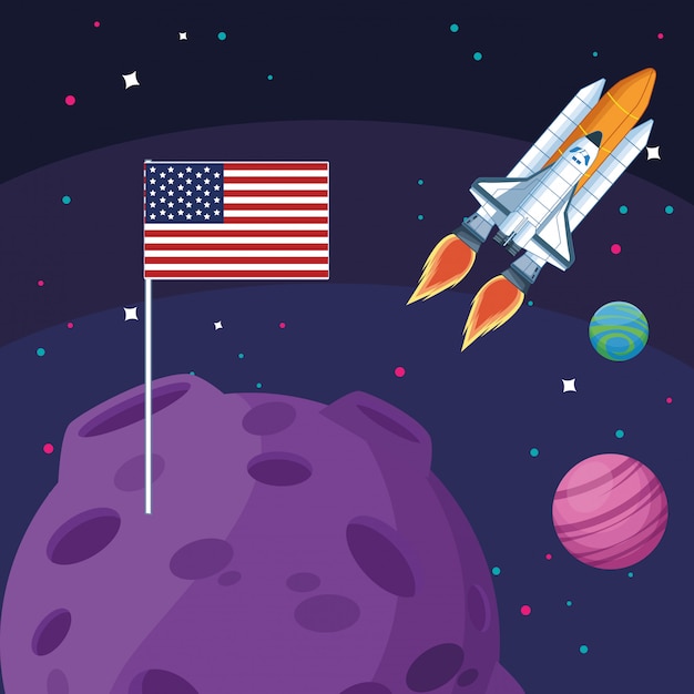 Spacecraft american flag in moon planets space