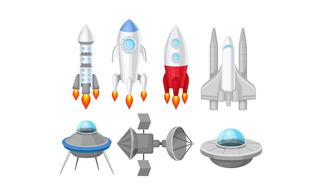 Космический корабль вектор иллюстрированный набор футуристические космические корабли объекты планетарное открытие концептуальная коллекция