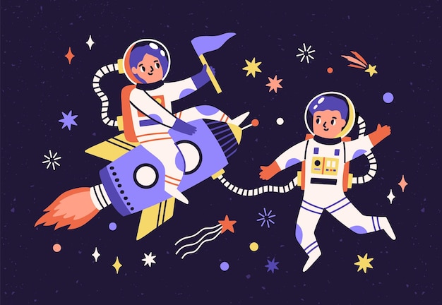 宇宙を旅する宇宙服を着た宇宙飛行士の子供たち。宇宙でかわいい面白い宇宙飛行士の冒険。ロケットに乗る子供たち。宇宙船での船外活動の幼稚な色のフラット ベクトル イラスト。