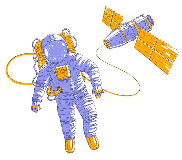 Spaceman flying in open space connected to space station, astronaut man or woman in spacesuit floating in weightlessness and iss spacecraft behind him. Vector illustration isolated over white.