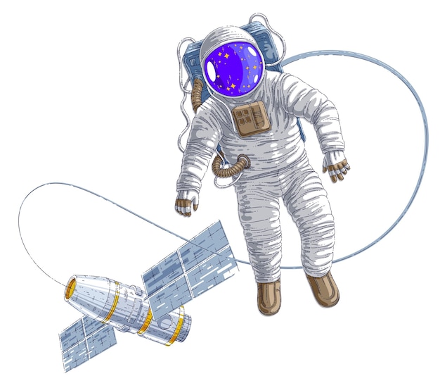 Spaceman flying in open space connected to space station, astronaut man or woman in spacesuit floating in weightlessness and iss spacecraft behind him. Vector illustration isolated over white.