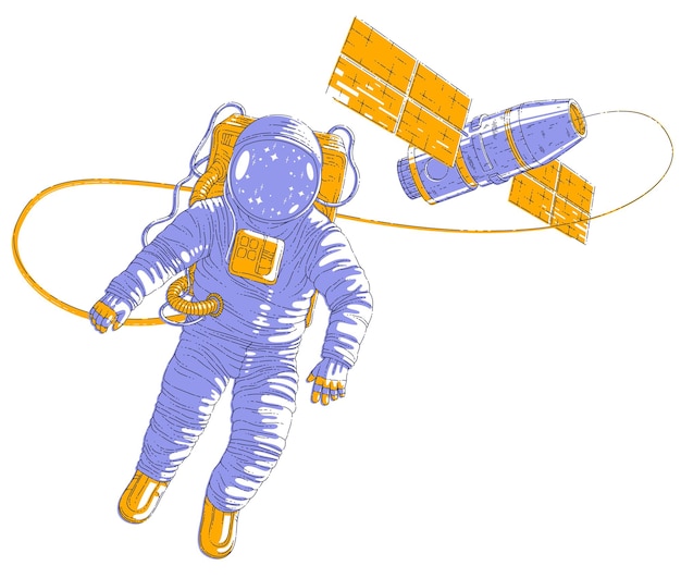 Космонавт, летящий в открытом космосе, соединенный с космической станцией, мужчина или женщина-астронавт в скафандре, плавающие в невесомости, и космический корабль позади него. Векторные иллюстрации, изолированные на белом фоне.