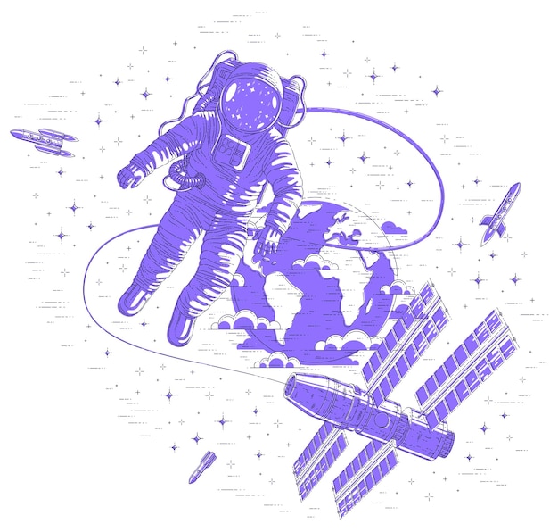 Spaceman flying in open space connected to space station and earth planet in background, astronaut man or woman in spacesuit floating in weightlessness and spacecraft, rockets and stars. Vector.