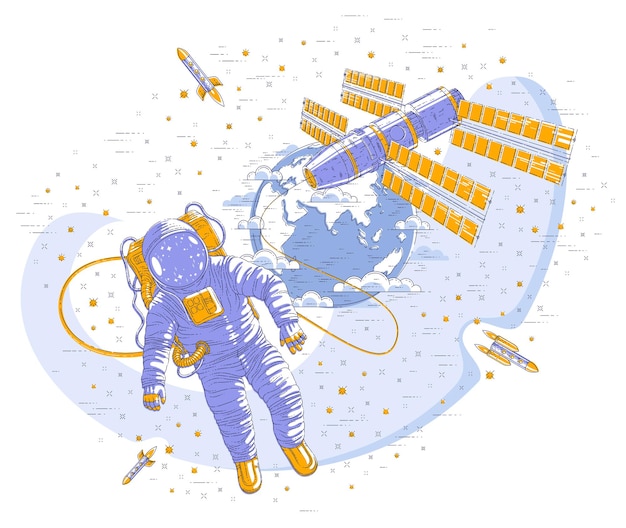 Космонавт, летящий в открытом космосе, связанный с космической станцией и планетой Земля на заднем плане, мужчина или женщина-астронавт в скафандре, плавающие в невесомости, и космический корабль, звезды и другие элементы. Вектор.
