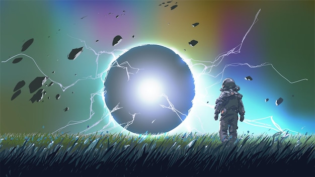 spaceman standing and looking at a mysterious sphere, vector illustration