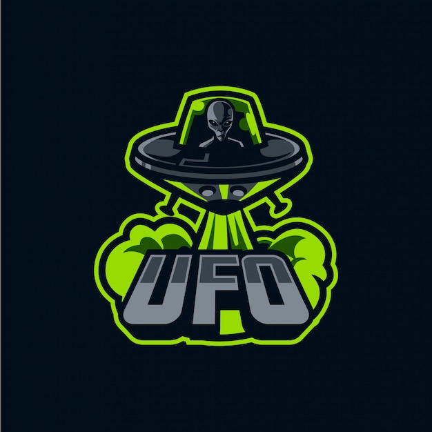 Spaceship and Alien Mascot Logo for Sport and Esport isolated on dark 