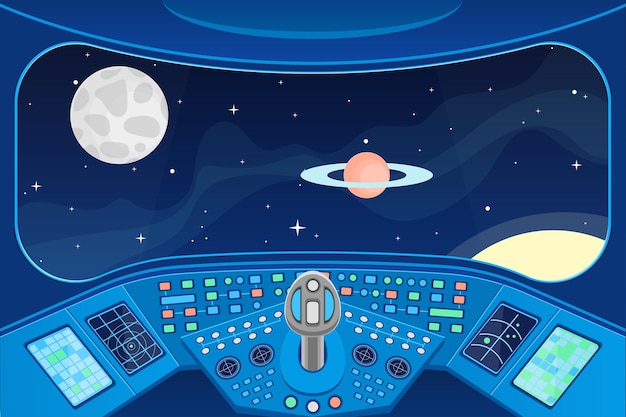 spaceship cabin interior and view window to space background card vector