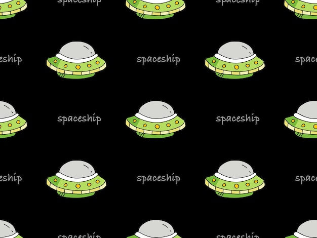 Spaceship cartoon character seamless pattern on black background