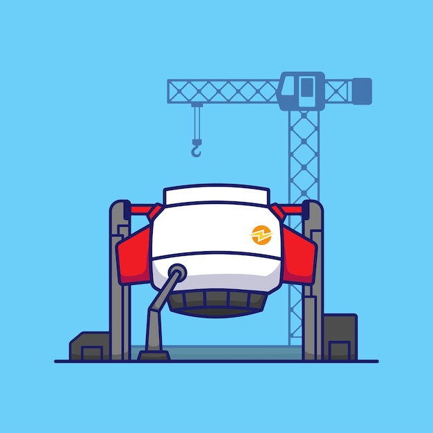 Spaceship creation cartoon icon on blue background